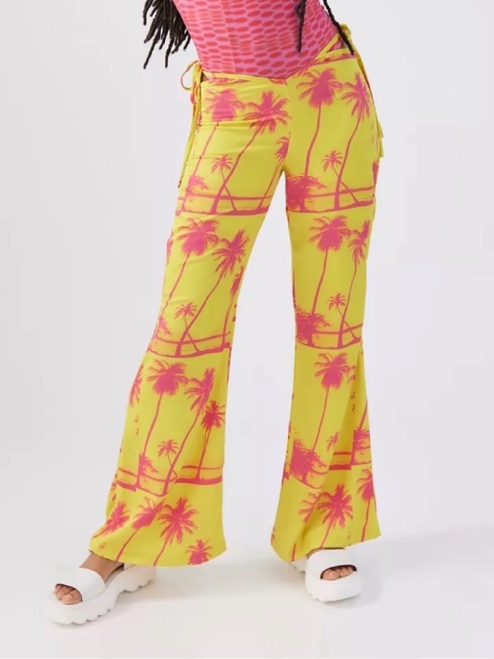 Urban Outfitters Yellow Wide-Leg Palm-Print Flare Pants with Pink Palms